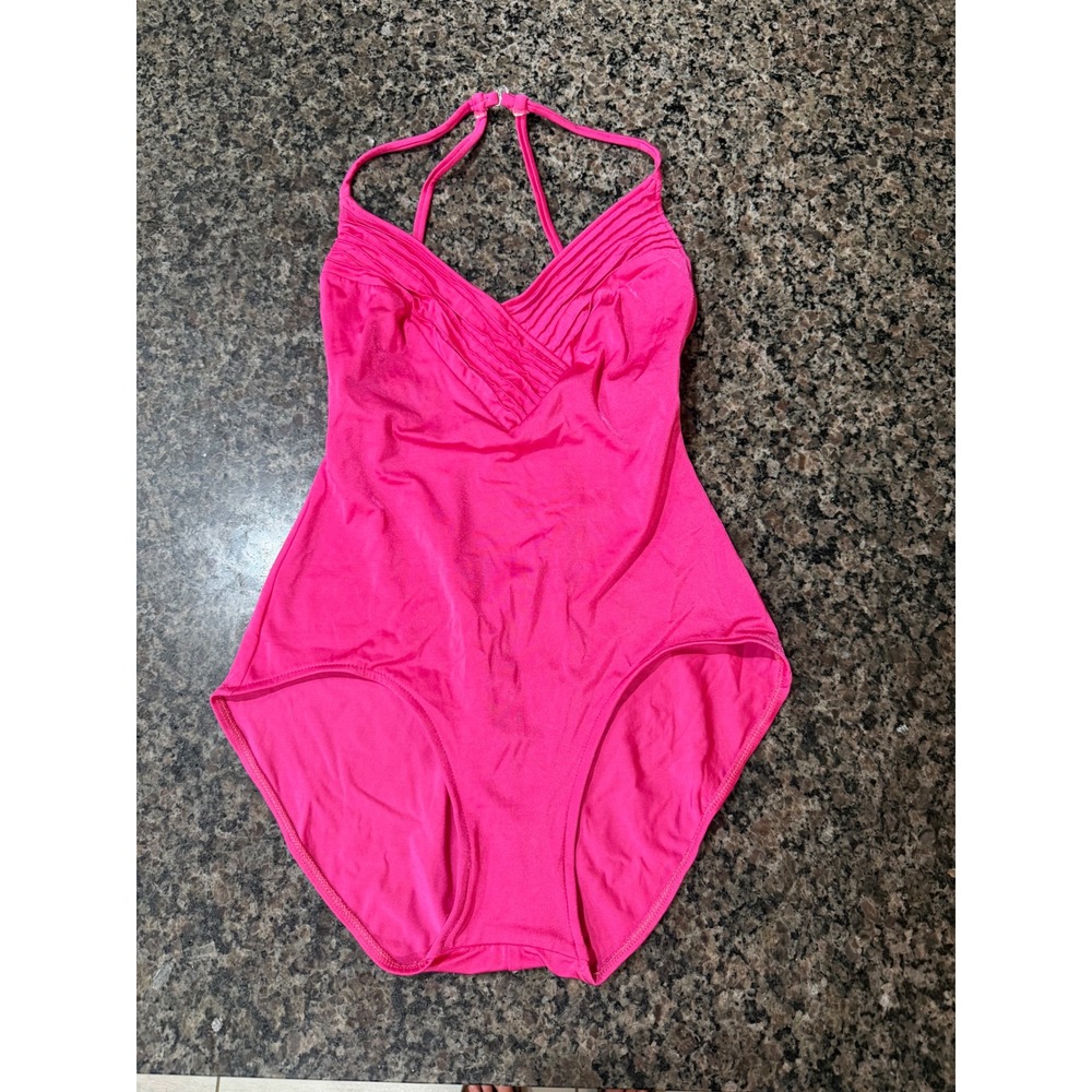 Vintage Catalina Hot Pink One Piece Swimsuit Pleated V-Neck Made in USA Size 14